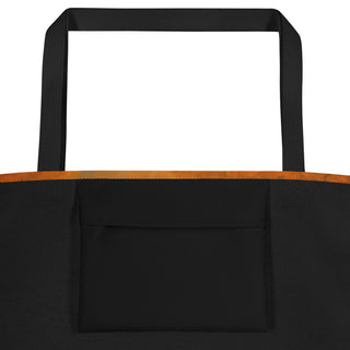 Inside view of large tote bag showing sturdy black straps and a spacious black interior pocket beneath a warm autumn-toned edge