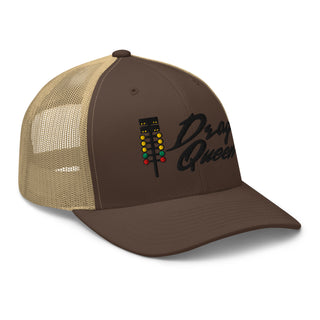 Brown and khaki embroidered trucker cap with drag-racing light tree design — Geaux Big “Drag Queen.”