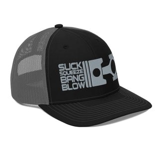 Suck Squeeze Bang Blow Embroidered Meshback Trucker Cap