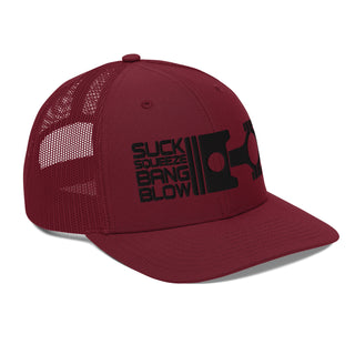 Suck Squeeze Bang Blow Embroidered Meshback Trucker Cap