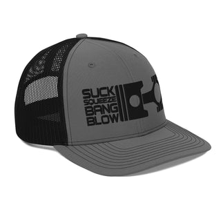 Suck Squeeze Bang Blow Embroidered Meshback Trucker Cap
