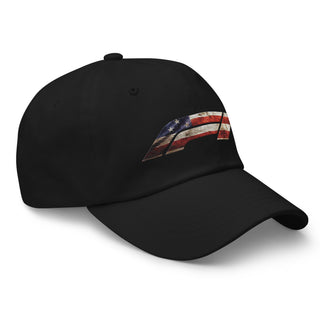 Black embroidered dad hat featuring distressed American flag Formula 1 logo — Geaux Big motorsport apparel.