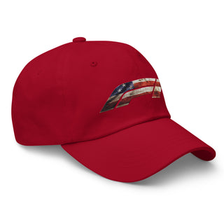 Cranberry embroidered dad hat with distressed American flag Formula 1 design — Geaux Big patriotic motorsport hat.