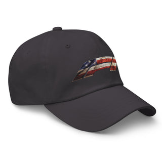 Dark grey embroidered dad hat with American flag Formula 1 logo — subtle motorsport style by Geaux Big.