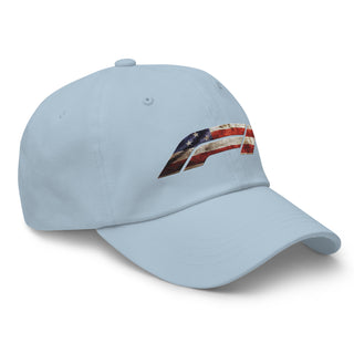 Light blue embroidered dad hat with distressed American flag Formula 1 logo — Geaux Big racing lifestyle cap.