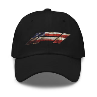 Front view of black embroidered dad hat with distressed American flag Formula 1 logo — Geaux Big patriotic motorsport cap.