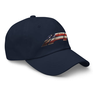Navy embroidered dad hat with American flag Formula 1 logo — patriotic racing fan cap by Geaux Big.