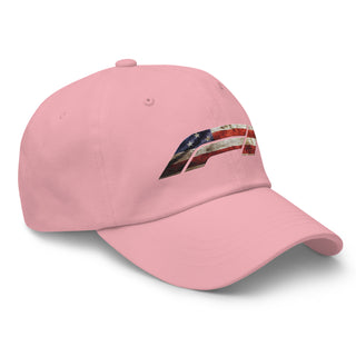Light pink embroidered dad hat featuring American flag Formula 1 logo — Geaux Big patriotic motorsport cap.