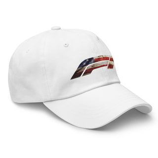 White embroidered dad hat featuring American flag Formula 1 logo — clean patriotic motorsport design by Geaux Big.