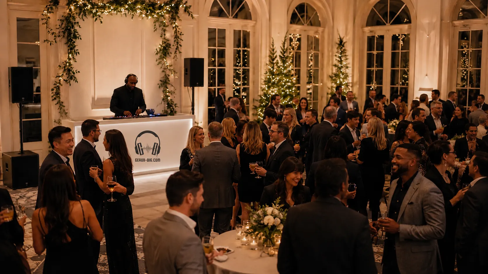 Employees celebrating at a corporate holiday party with a Geaux BIG DJ booth and festive lighting