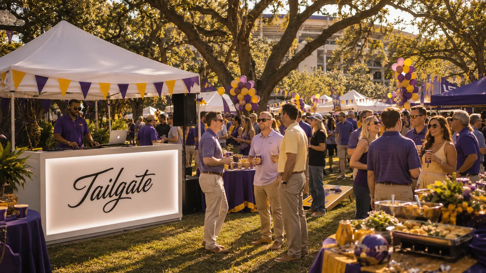 Guests at a corporate LSU tailgate gathered around a Geaux BIG DJ booth with purple and gold décor