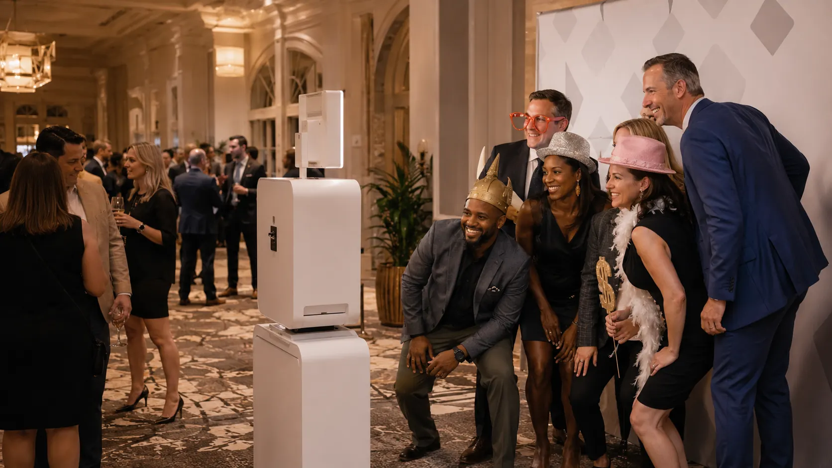 Corporate guests laughing together at a Geaux BIG white photo booth with props